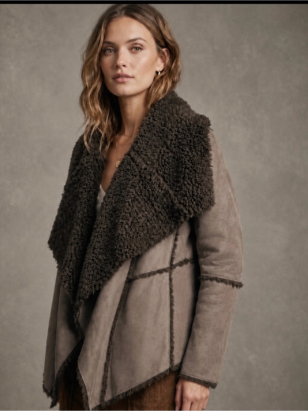 Women's Taupe Faux Shearling Teddy Jacket - Soft Plush Trim